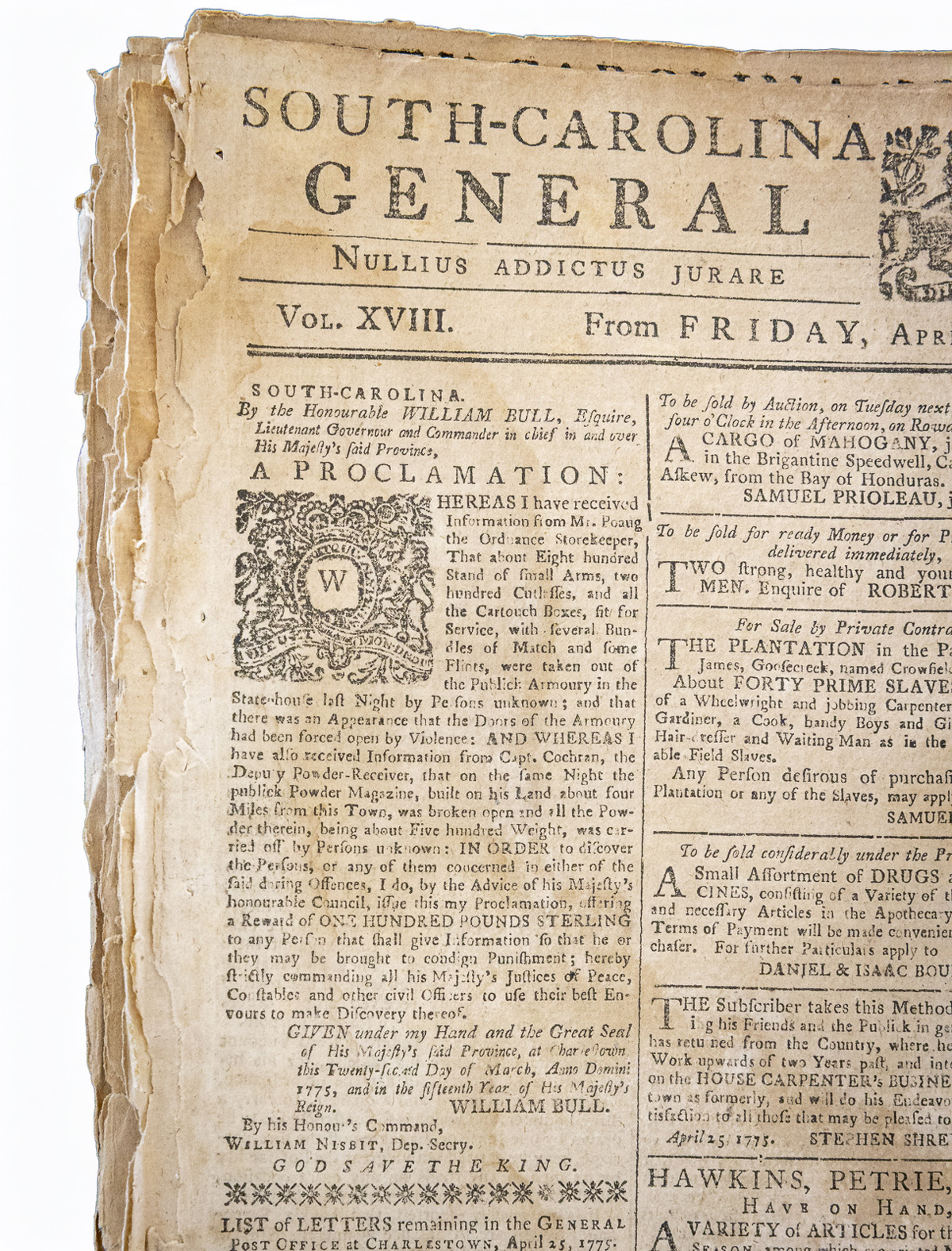 Lt. Governor William Bull's Proclamation Printed in the April 21-28, 1775 edition of the South Carolina and American General Gazette newspaper (Charleston Library Society)