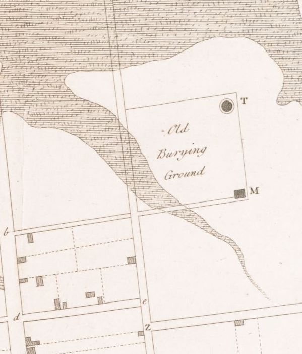 “The Ichnography of Charles-town at High Water,” 1739; N. Phelps Stokes Collection of American Historical Prints, New York Public Library Digital Collections. Landmarks shown are; T. New Magazine, M. The Work House, and Z. Queen Street.  At the time the Old Burying Ground was adjacent to the marsh along the Ashley River.  The name of the present Magazine Street stems from the structure once found there.