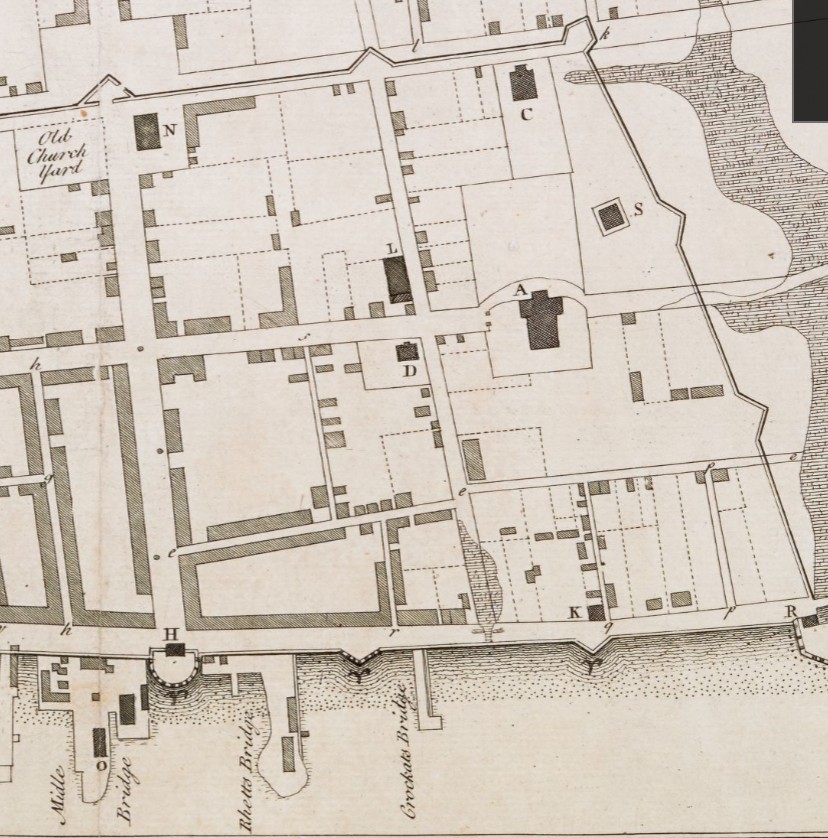 “The Ichnography of Charles-town at High Water,” 1739; N. Phelps Stokes Collection of American Historical Prints, (New York Public Library Digital Collections) Landmarks shown are; A. Church of England, C. Meeting Houses, and S. Old Magazine.