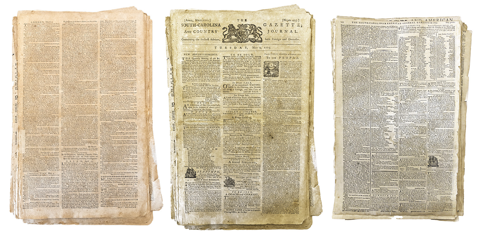 Images of the actual 1775 Charleston area newspapers that carried the news of the 1775 Battles of Lexington and Concord. (Charleston Library Society)